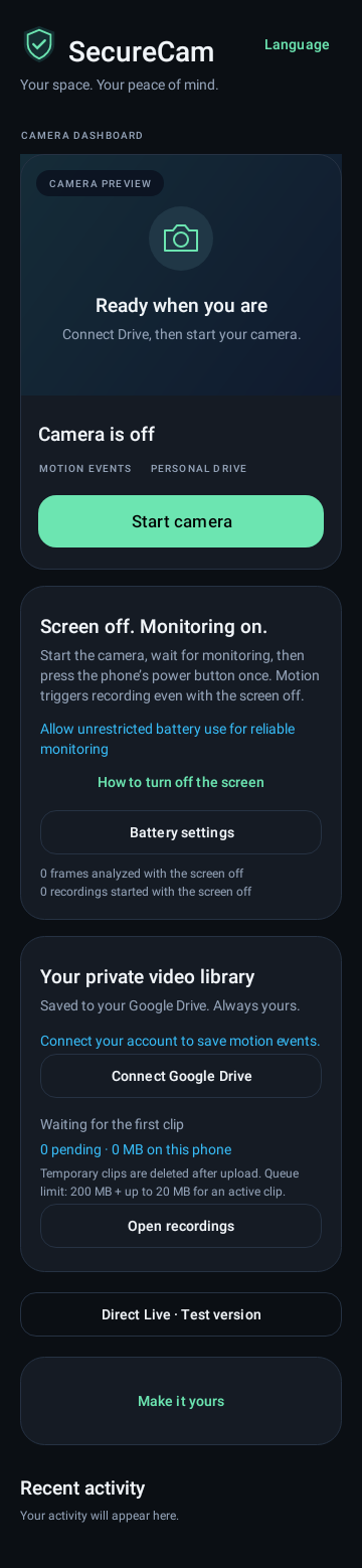 SecureCam app: start camera and connect Google Drive
